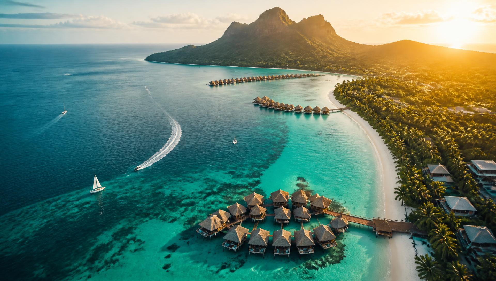 Aerial view of a turquoise tropical bay at golden hour